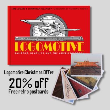 In this promotional graphic Ian Logan’s book Logomotive is complemented by a set of retro postcards spread out in a fan.
