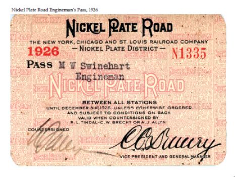 On this engineman’s pass issued by the New York, Chicago & St. Louis Railroad, the nickname Nickel Plate Road adopted by the company is printed in bold black type on a patterned pink background with the date 1926 and the number of the pass in red,