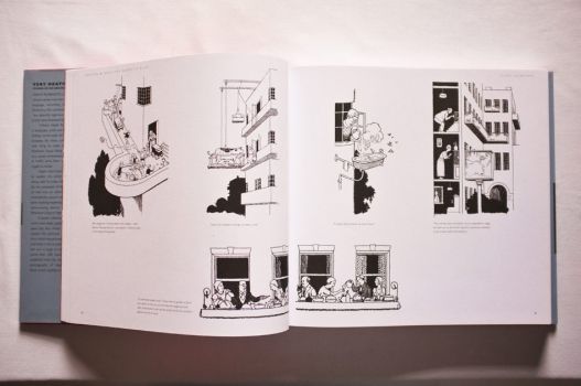 Five Heath Robinson sketches suggest novel ways of utilizing outdoor space in blocks of flats.