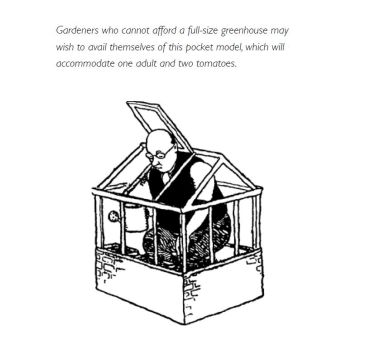A black-and-white drawing of a gardener attempting to water his tomatoes in a miniature greenhouse.