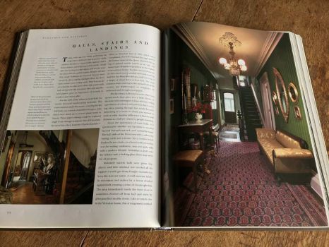 Two colour photographs introduce a picture essay on Halls, Stairs and Landings, introducing a wide, French-influenced hall in an American house and a generously proportioned hall in a Gothic-style house with a staircase turning three turns between ground and first floor. 