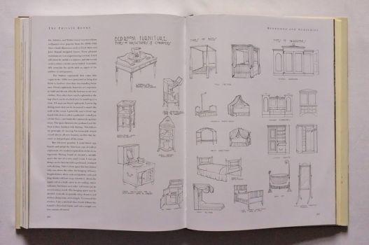 Some of the black-and-white 2,000 line drawings in The Victorian House Book by Robin Guild provide references for bedroom furniture, including types of washstands and commodes, beds and wardrobes. 