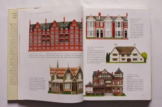 In this style recognition chart on pages 32-33 of The Victorian House Book by Robin Guild, containing paintings by Anne Winterbotham, front elevations of the Mansion Flat and the Arts and Crafts Cottage contrast with Carpenter’s Gothic and the 19th-Century American Town House, each accompanied by a brief description. 