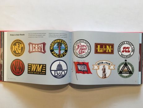 In this double-page spread from Logomotive by Ian Logan and Jonathan Glancey, a dozen logos of American railroads of varying sizes recall their regional origins in places like Boston, Western Maryland, Louisville & Nashville, Richmond, Fredericksburg and Potomac, picked out in bold colours and stylized graphics.