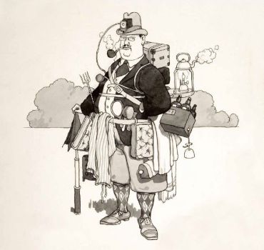 A black-and-white drawing by Heath Robinson of a rambler festooned with all the accessories necessary for outdoor living.