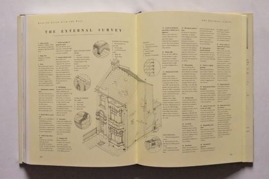 In the Technical Advice section at the end of The Victorian House Book by Robin Guild, the External Survey lists danger points to look out for when buying a house, illustrated by an annotated black-and-white line drawing with close-ups of details. 