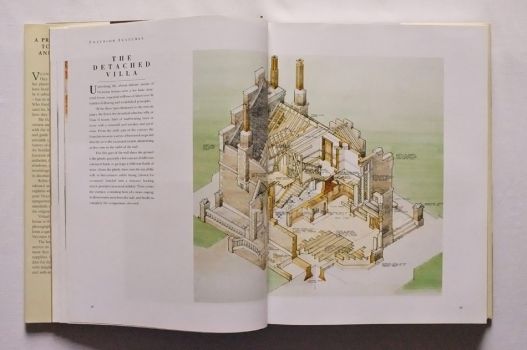 On pages 48-49 of The Victorian House Book by Robin Guild, an exploded architectural drawing in colour identifies the major components of a Detached Villa, from timber suspended floors to stone cornices, each labelled with a caption. 