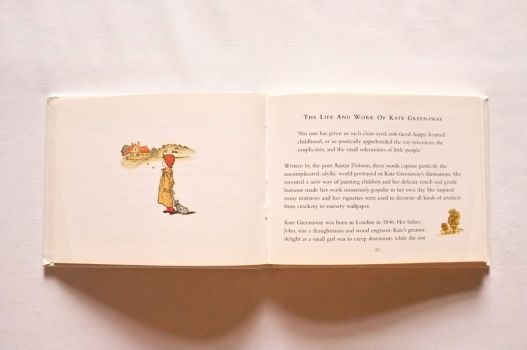 Alongside a boy walking toward a country cottage is a quote from the poet Austin Dobson, followed by a description of Kate Greenaway’s work.