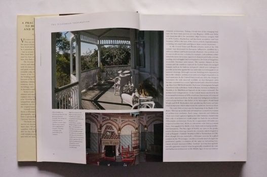 In this large colour photograph on pages 18-19 of The Victorian House Book by Robin Guild, an American verandah made in wood and cast iron and painted in light greys and greens creates the impression of an ocean liner’s deck, with complementary furniture. 