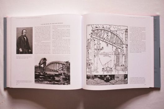 A portrait of Isambard Kingdom Brunel, and a photograph and a fanciful drawing of the building of Saltash Bridge.