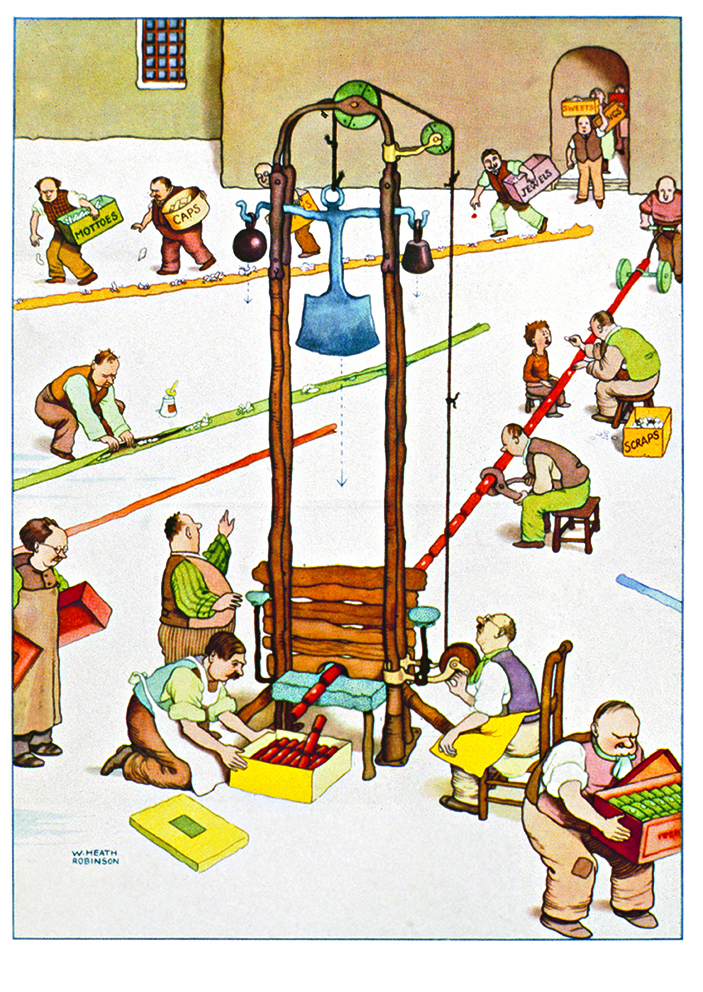 A Heath Robinson illustration in colour of men working on a production line at a Christmas cracker factory, inspiration for our cracking joke competition.