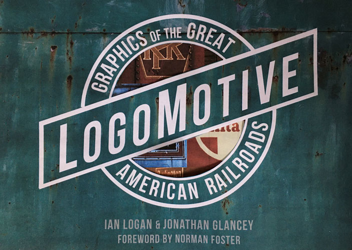 The title and sub-title of Logomotive are made up into a ball-and-bar motif designed to look as if it is painted on the side of a rusty green boxcar, with a cut-away revealing the logos printed on the endpapers underneath.