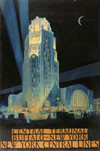 In this oil painting by J. Floyd Yewell Buffalo Central Terminal is dramatically lit against a night sky with a crescent moon. The lettering in orange panels below reads ‘Central Terminal Buffalo – New York New York Central Lines’. 