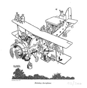 Black-and-white line drawing of the Holiday Aeroplane by William Heath Robinson.