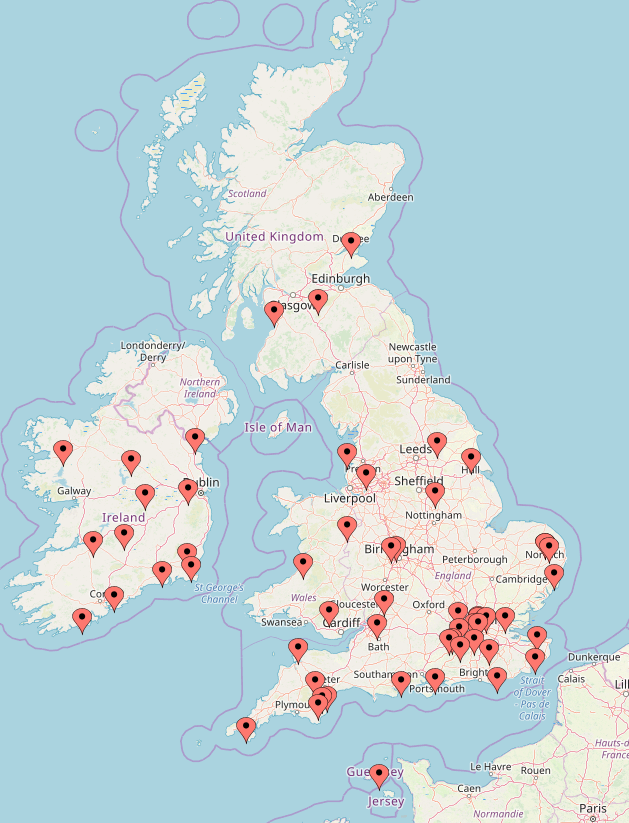 A map of the British Isles with 50 red pins marking locations in England, Wales, Scotland and Ireland.