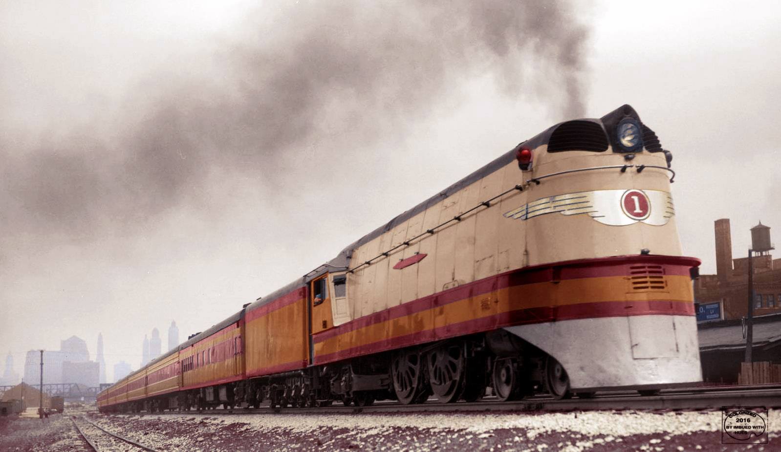 Colour photograph of a Milwaukee Road Class-A Hiawatha 4-4-2 streamlined locomotive, Alco 1935-37; Locomotive Wiki.