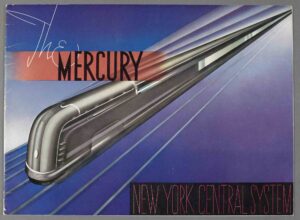 A stylized illustration of the New York Central System Mercury on the cover of a brochure.