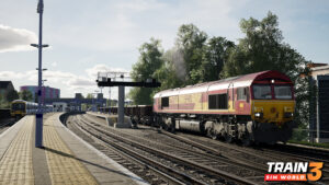 In this colour screenshot, a red and yellow Class 66 locomotive hauls a train of MFA wagons through Dartford station. A Class 365 passenger service approaches the platform in the background.