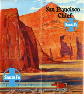 In this 1954 magazine advertisement printed in colour and emblazoned with the Santa Fe logo, a light blue cross in a circle with the words Santa Fe dropped out in white on the centre bar, the San Francisco Chief streaks past Temple Rock, New Mexico Courtesy Fred M. and Dale M. Springer Archives, Temple, TX.