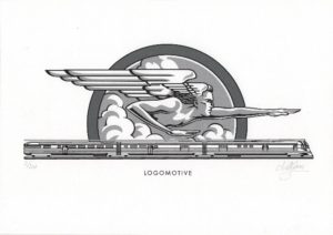In this black and white drawing by Neil Gower, Zephyrus, god of the west wind, points to a streamlined future above a speeding Burlington Zephyr diesel express.