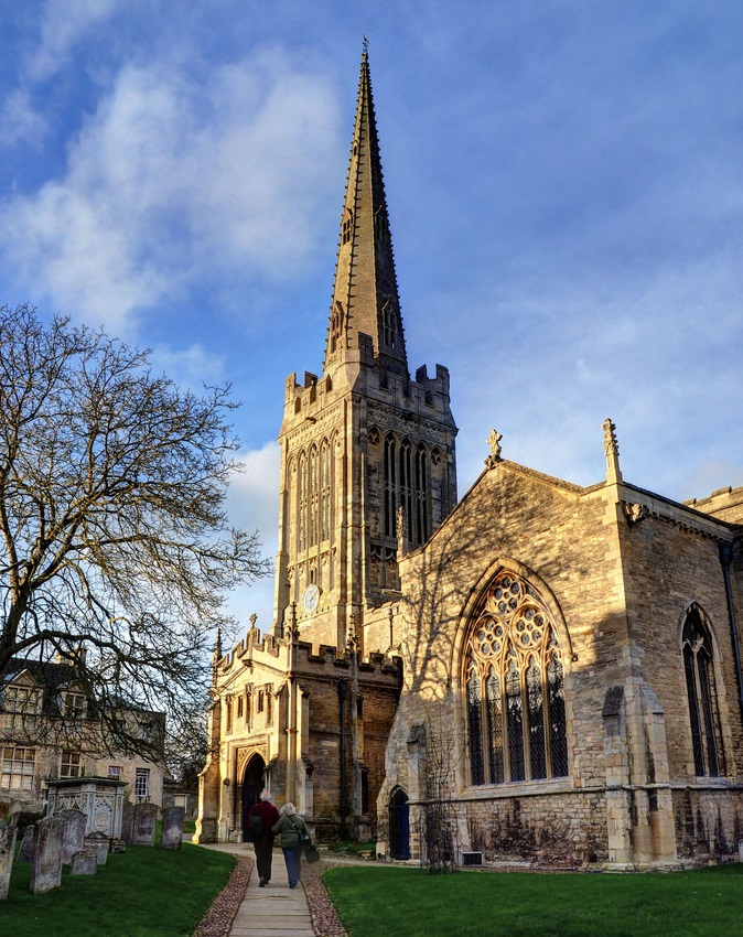 Colour photograph of St Peter’s Church in Oundle where Adam Hart-Davis will be talking about Heath Robinson.