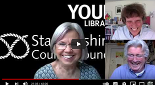 In this screenshot of a Staffordshire Libraries Book Chat available on YouTube, Hilary Riley laughs with Jonathan Glancey and Ian Logan as she interviews them about their new book Logomotive.