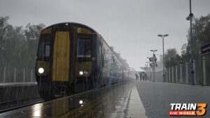 In this colour screenshot, passengers with umbrellas hurry down the rain-drenched Greenhithe platform to board a Class 375 towards Ramsgate Depot.