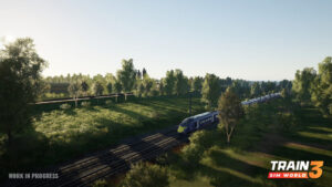 In this colour screenshot, the yellow-nosed HS1 darts along tree-lined tracks. A low sun casts dramatic shadows across the scene.