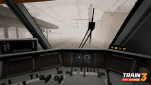 This colour screenshot shows the view from a German ICE 1’s cab as it proceeds through a station. The windscreen wipers can deal with the rain, but the visibility ahead is extremely poor.