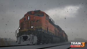 In this colour screenshot, a BNSF ES44C4 negotiates a curve on a murky and snowy day. Snow caked in its cowcatcher contrasts with the instantly recognizable orange livery.