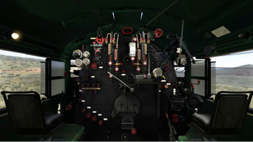 In this colour still from the Train Simulator game the cab of a Union Pacific Big Boy locomotive is laid out in wide-angle format with a full set of interactive controls.