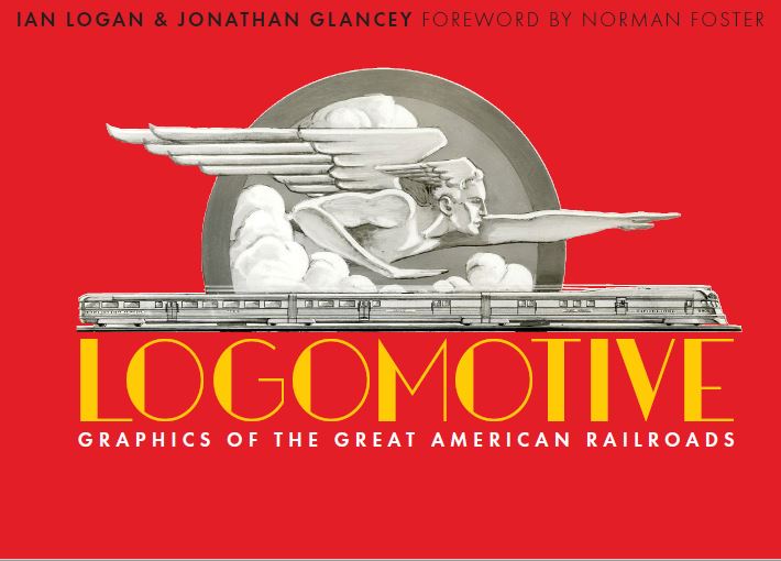 Displayed on a red background is a 1934 black-and-white sketch of Zephyrus, god of the west wind, pointing to a streamlined future above a speeding, three-car diesel express, and beneath it is the title Logomotive printed in yellow in an Art Deco font.