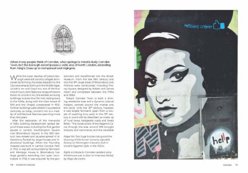 In the London borough of Camden, the street artist Rogo de Castro has painted a black-and-white portrait of Amy Winehouse across a door and much of a house on Inverness Street, lifting her face with a background of yellow and pink and touches of blue and green.