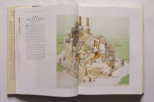 On pages 48-49 of The Victorian House Book by Robin Guild, an exploded architectural drawing in colour identifies the major components of a Detached Villa, from timber suspended floors to stone cornices, each labelled with a caption.