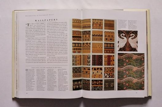A picture essay on Wallpapers on pages 188-189 of The Victorian House Book by Robin Guild opens with a range of geometric patterns in ochre, brown and black and flowing Art Nouveau patterns with more colour ways and floral and ornithological references.