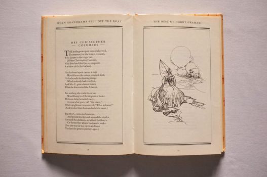 Pages 76-77 of When Grandmama Fell Off the Boat, illustrated with a solitary Mrs Christopher Columbus on the shore.