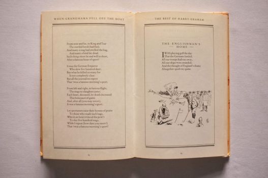 Pages 64-65 of When Grandmama Fell Off the Boat, illustrated with an Englishman playing golf as the Germans land on the beaches.