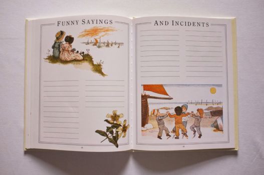 Pages 48 and 49 of The Kate Greenaway Baby Book provide space to record Funny Sayings and Incidents and have illustrations of two girls looking out to sea, a pair of daffodils and a group of boys playing on the beach.