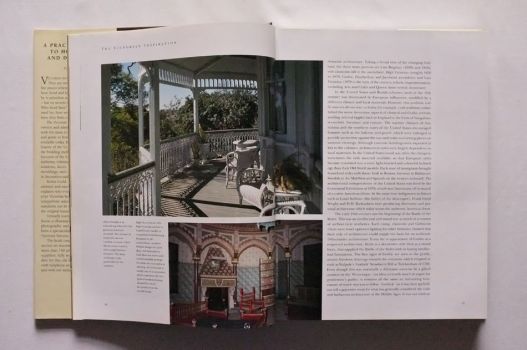 In this large colour photograph on pages 18-19 of The Victorian House Book by Robin Guild, an American verandah made in wood and cast iron and painted in light greys and greens creates the impression of an ocean liner’s deck, with complementary furniture.