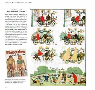 Seven colour sketches by Heath Robinson introduce the holiday tandem, which doubles as a tent or café.