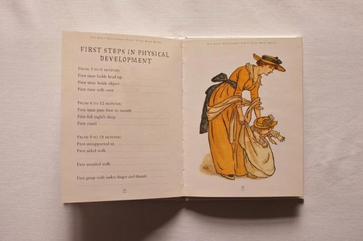 On pages 24 and 25 of The Kate Greenaway First Year Baby Book, illustrated with a mother helping her baby walk, you are encouraged to write down the first time your baby holds an object, sleeps through the night, walks unaided and achieves other First Steps in Physical Development.