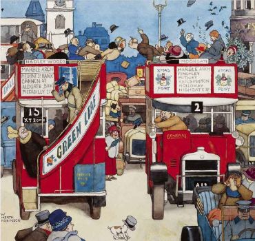 In this colour illustration two open-top red London buses halt side by side in heavy traffic as a gust of wind lifts the passengers’ hats.